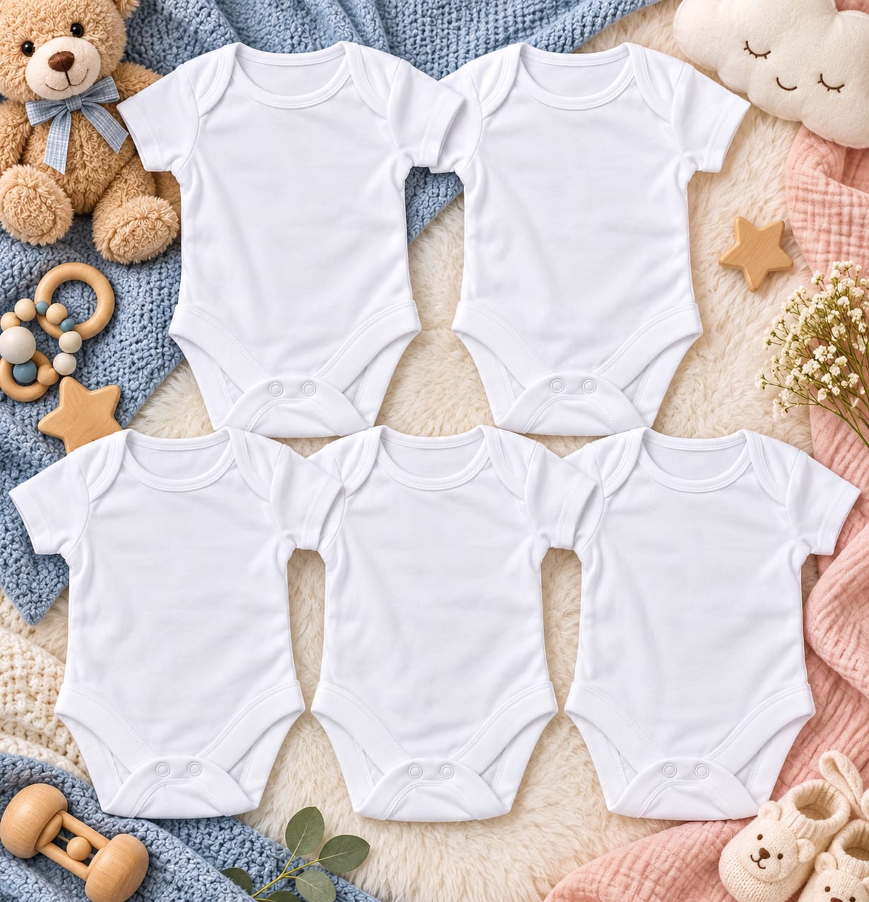 White Short-Sleeve Baby Bodysuits – 5 Pack