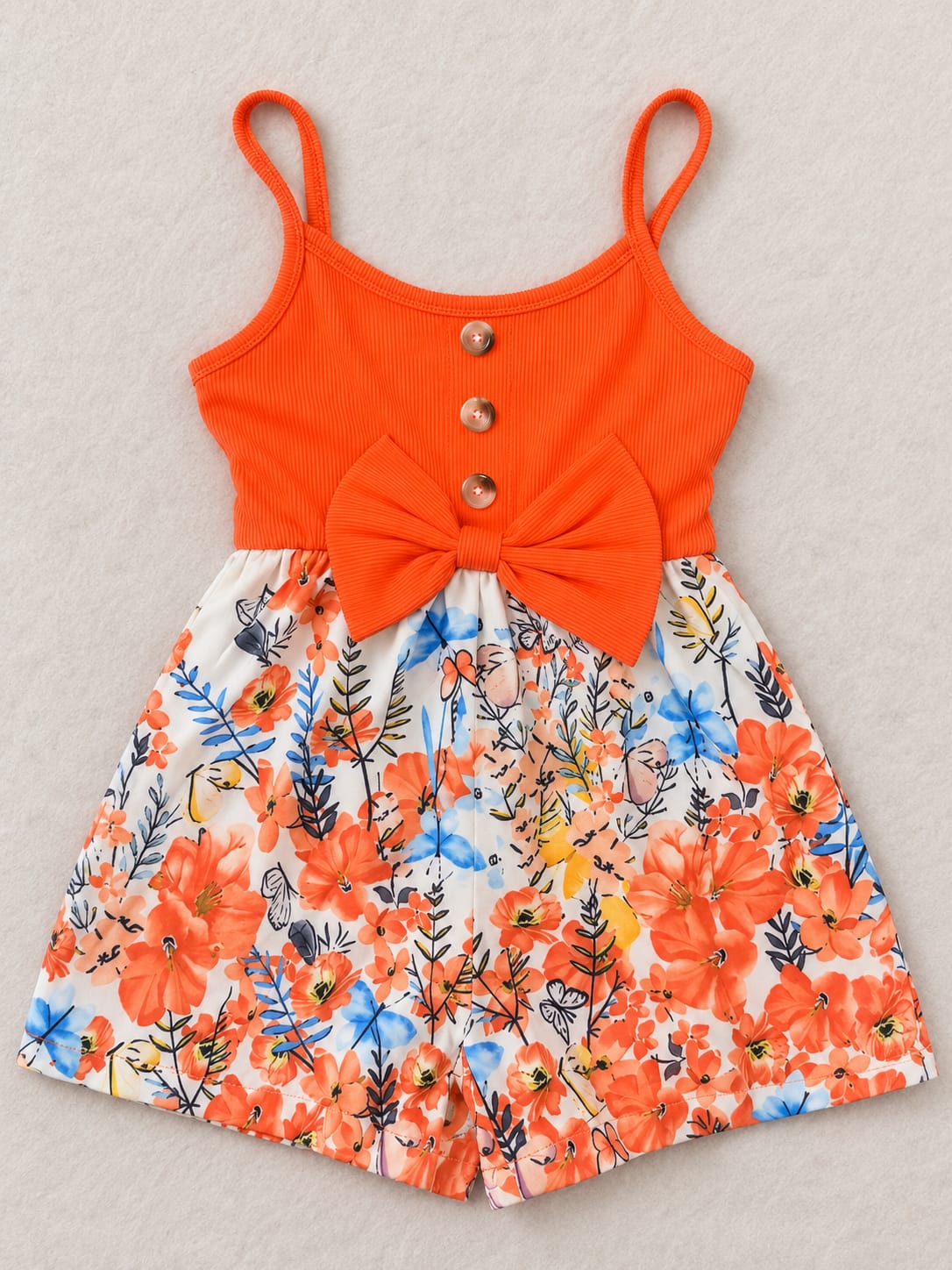 Girls’ Floral Bow Romper – Orange