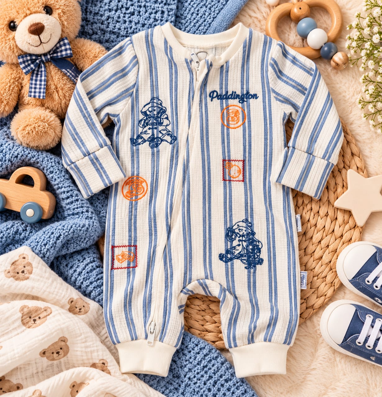 Paddington Bear Blue Stripe Baby Sleepsuit